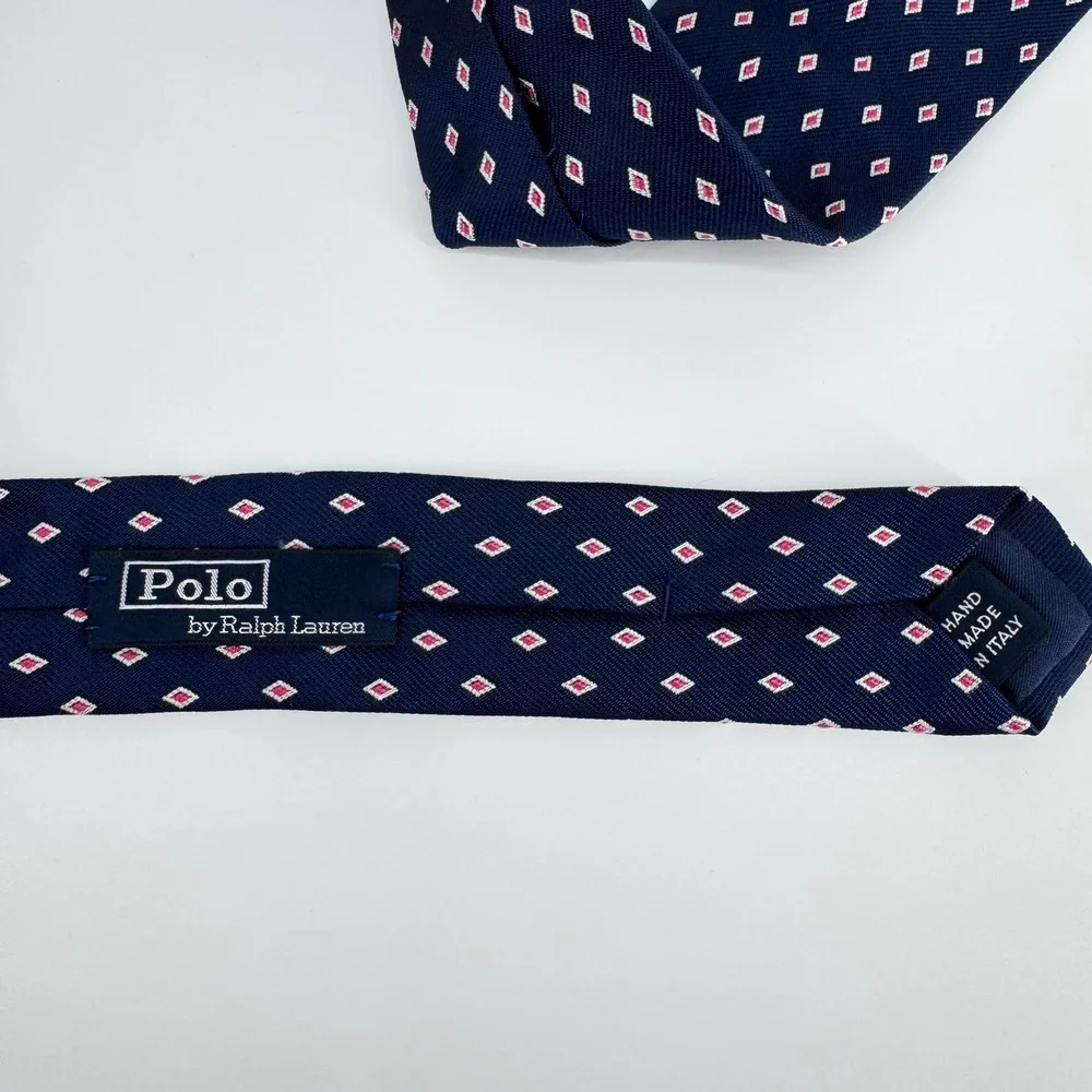 Polo Ralph Lauren Silk‎ Tie Navy Red White Diamond Pattern Handmade Italy Mens
